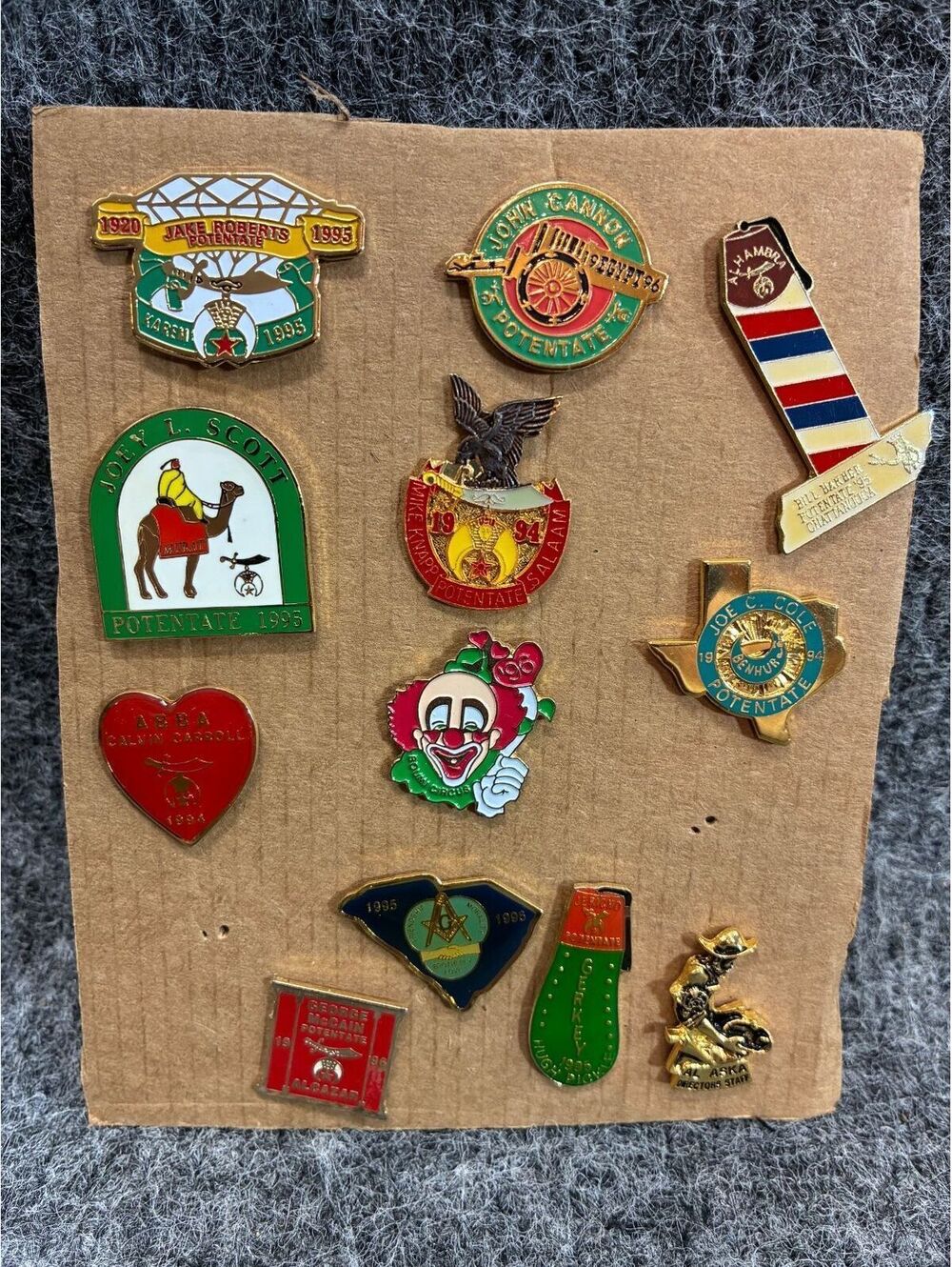 Vintage Collection of 12 Assorted Enamel Shriner Lapel Pins on Card